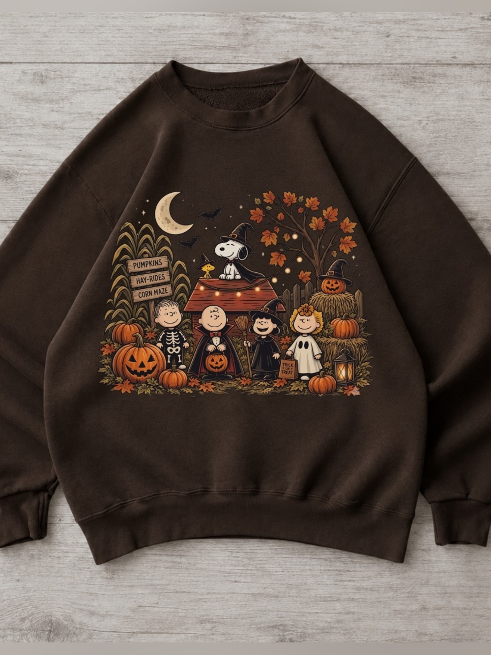 Halloween Sweatshirt Costume Crewneck, Brown Vintage Style, Trick or Treat Patch
